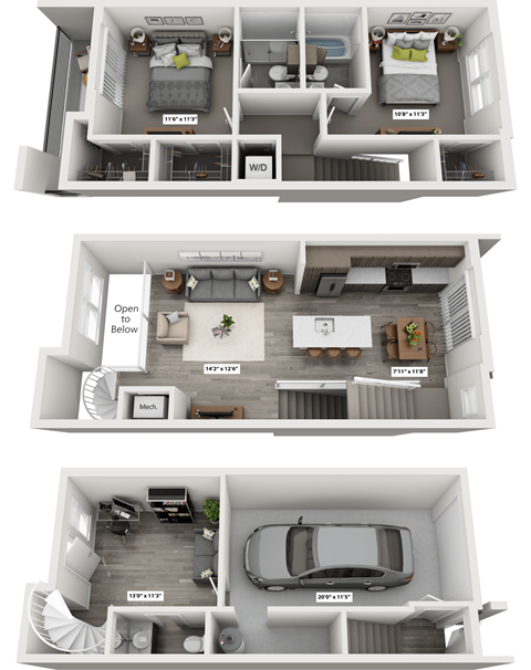 Floor plan for 2 beds, 2.5 baths, 1357 sqft